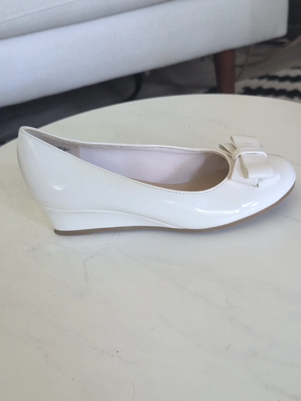 Kids White Patent Bow Wedge Flats - Classic Comfort